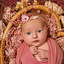 baby, infant, wrapped, blanket, basket, flowers, headband, pink, curly_wool, portrait, closeup, cute, newborn, soft_lighting, peaceful, hands, face, skin, decor, cozy