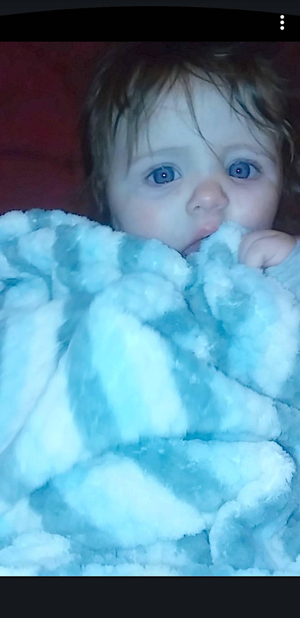 Izabella is registered to the contest to win money with this photo: baby, blanket, blue, cheek, child, eye, face, fur, iris, nose, person, skin, textile, toddler
