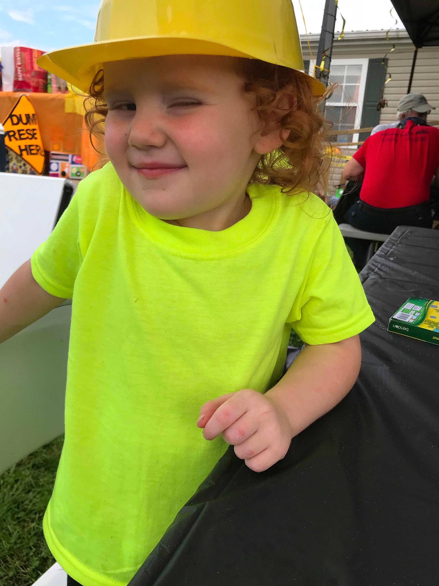 Allie joined the competition — help win amazing prizes! cap, child, fashion_accessory, fun, hard_hat, hat, headgear, headwear, helmet, joy, person, personal_protective_equipment, smile, sun_hat, t_shirt, toddler, vacation, yellow