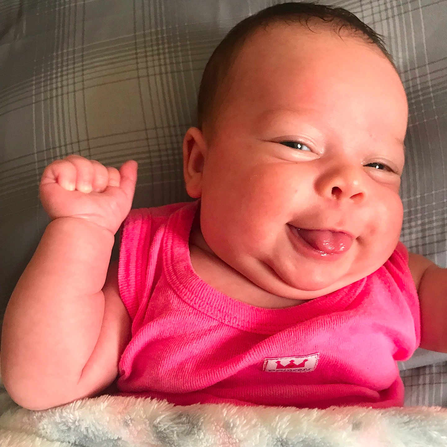 Avalyn is registered to the contest to win money with this photo: cheek, child, ear, face, finger, girl, hand, head, infant, lip, mouth, nose, pink, product, skin, smile, toddler