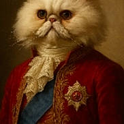 Moka participe au concours pour gagner de l'argent avec cette photo : cat, fluffy, white_cat, portrait, costume, aristocratic, clothing, ruffled_cravat, red_coat, decoration, noble, historical_style, animal_portrait, feline, indoor, studio_lighting, serious_expression, fur, whiskers, elegant