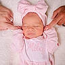 Miley joined the competition — help win amazing prizes! baby, newborn, pink, bow, headband, sleeping, hands, adult, soft, blanket, cute, clothing, name, resting, peaceful, infant, portrait, closeup, human, gentle