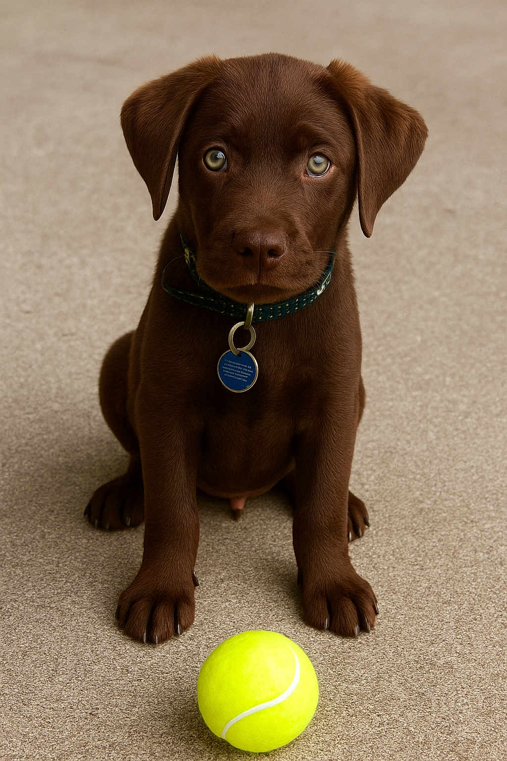 Gino a rejoint le concours — aidez-le/la à gagner de superbes lots ! puppy, dog, chocolate_brown, tennis_ball, pet, animal, cute, sitting, collar, indoor, carpet, young, playful, looking, adorable, domestic, fur, canine, front_view, eyes