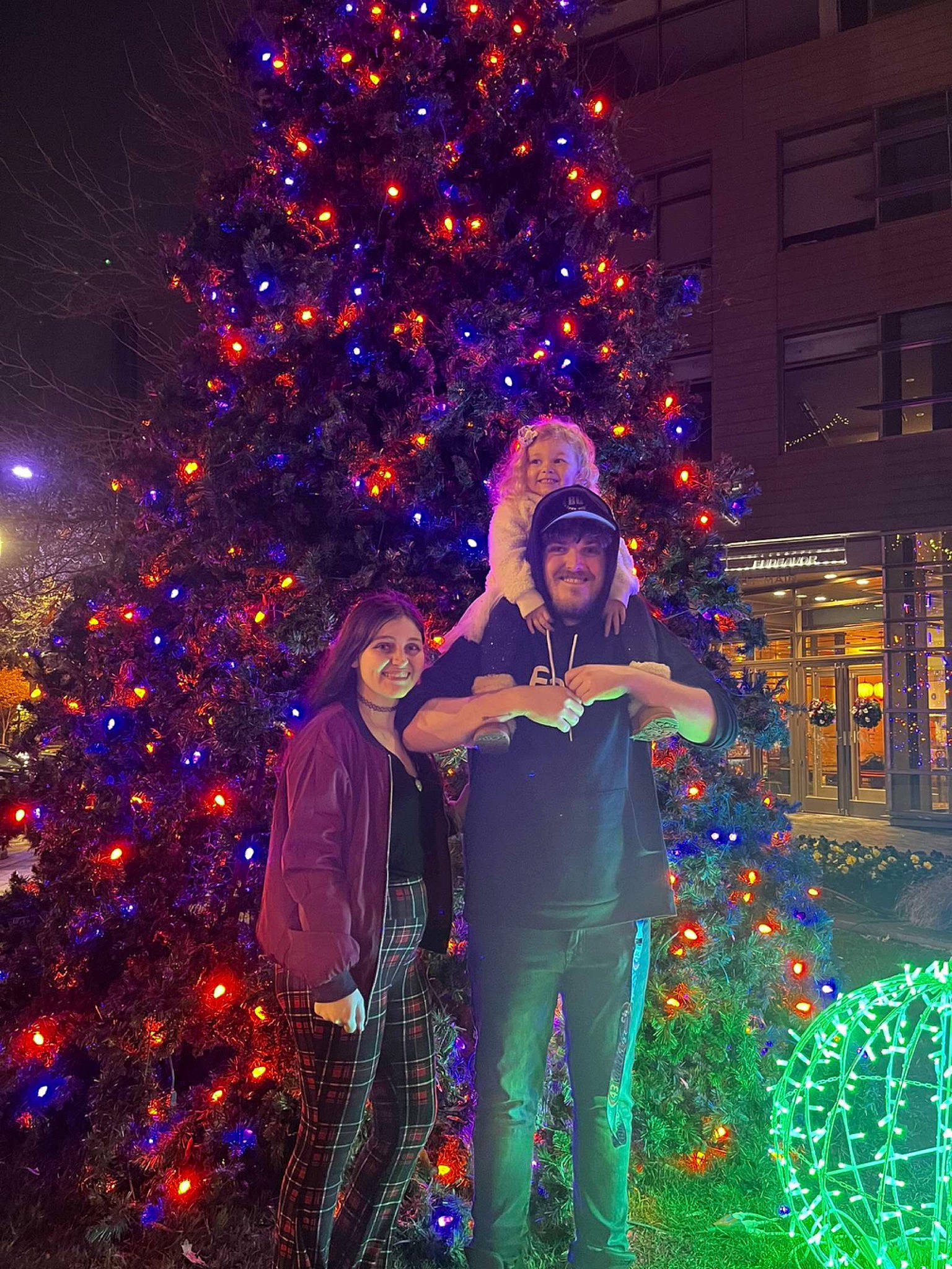 Lia joined the competition — help win amazing prizes! branch, christmas_decoration, christmas_ornament, christmas_tree, electricity, evergreen, fun, happy, headwear, holiday_ornament, joy, landmark, light, lighting, nature, ornament, person, plant, purple, standing