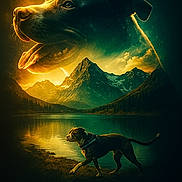 Rocky participe au concours pour gagner de l'argent avec cette photo : dog, mountains, lake, water, nature, landscape, sky, sunset, reflection, animal, outdoor, scenic, canine, majestic, glowing, fantasy, serene, wilderness, walking, harness