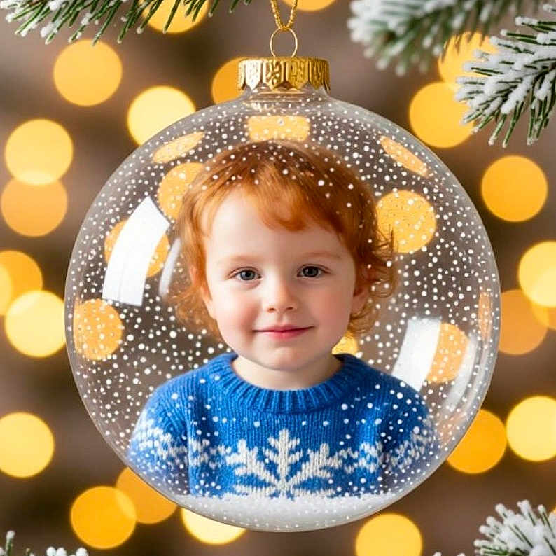 Jamesclark joined the competition — help win amazing prizes! blue_sweater, bokeh, celebration, child, christmas_ornament, cute, decoration, face, festive, glass_ball, holiday, lights, pine_branches, portrait, red_hair, smile, snow, snowflake_pattern, toddler, winter