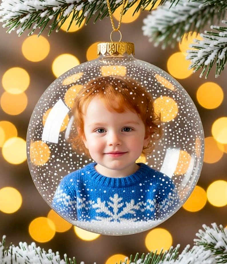 Jamesclark joined the competition — help win amazing prizes! child, toddler, face, red_hair, blue_sweater, snowflake_pattern, christmas_ornament, glass_ball, holiday, festive, bokeh, lights, pine_branches, snow, winter, portrait, smile, cute, decoration, celebration