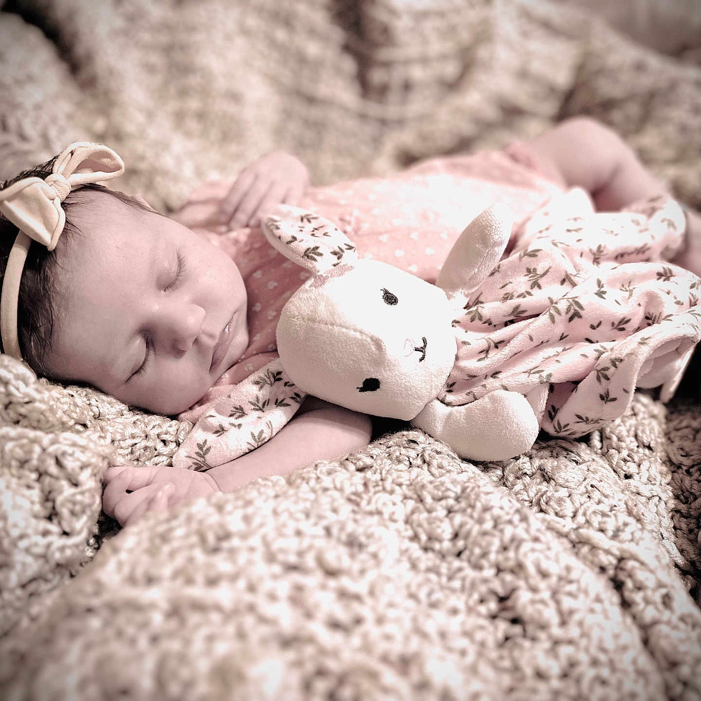 Vera is registered to the contest to win money with this photo: baby, blanket, bow, bunny, child, cozy, cute, fabric, floral, headband, indoors, infant, knit, peaceful, pink, plush_toy, portrait, resting, sleeping, soft_toy