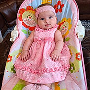 Natalie is registered to the contest to win money with this photo: baby, blue_eyes, child, cute, floral_pattern, flowers, headband, high_chair, home, indoor, infant, lace, leather_sofa, photography, pink_dress, portrait, ruffles, rug, sitting, smiling
