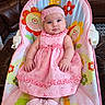 baby, blue_eyes, child, cute, floral_pattern, flowers, headband, high_chair, home, indoor, infant, lace, leather_sofa, photography, pink_dress, portrait, ruffles, rug, sitting, smiling