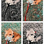 dog, small_dog, leash, grass, outdoor, pet, cute, collage, red_leash, black_and_white, color_photo, heart_sticker, animal, nature, sitting, fur, ears, eyes, leaves, ground