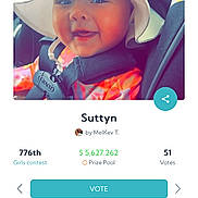 Suttyn joined the competition — help win amazing prizes! advertisement, baby, baseballcap, bonnet, cap, clothing, coat, face, hardhat, hat, head, helmet, jacket, page, person, photography, portrait, poster, sunhat, text