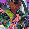 graffiti, street_art, cartoon_character, spray_can, dog, sunglasses, hat, urban, colorful, art, collage, text_overlay, tag, spray_paint, dog_wearing_clothes, illustration, background, pop_art, vibrant, stylized