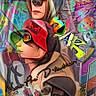 digital_art, graffiti, street_art, dog, person, hat, sunglasses, spray_paint, colorful, urban, artwork, text_overlay, stylized, illustration, layered, vibrant, background, cool, fashion, dog_with_sunglasses