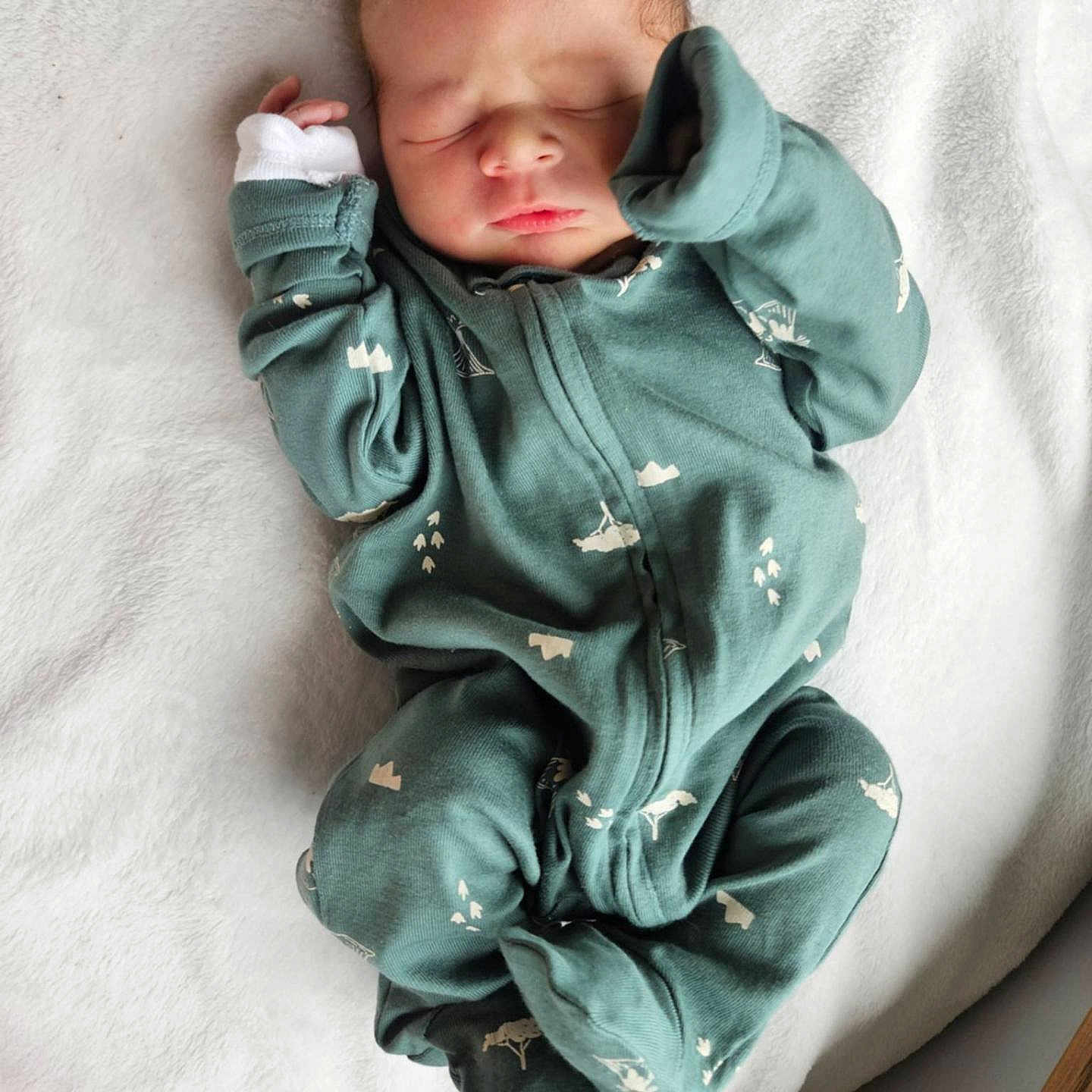 Raphael is registered to the contest to win money with this photo: baby, newborn, sleeping, onesie, green_clothing, blanket, infant, peaceful, cute, soft_texture, child, portrait, indoors, resting, small, human, toddler, peace, cozy, sleep