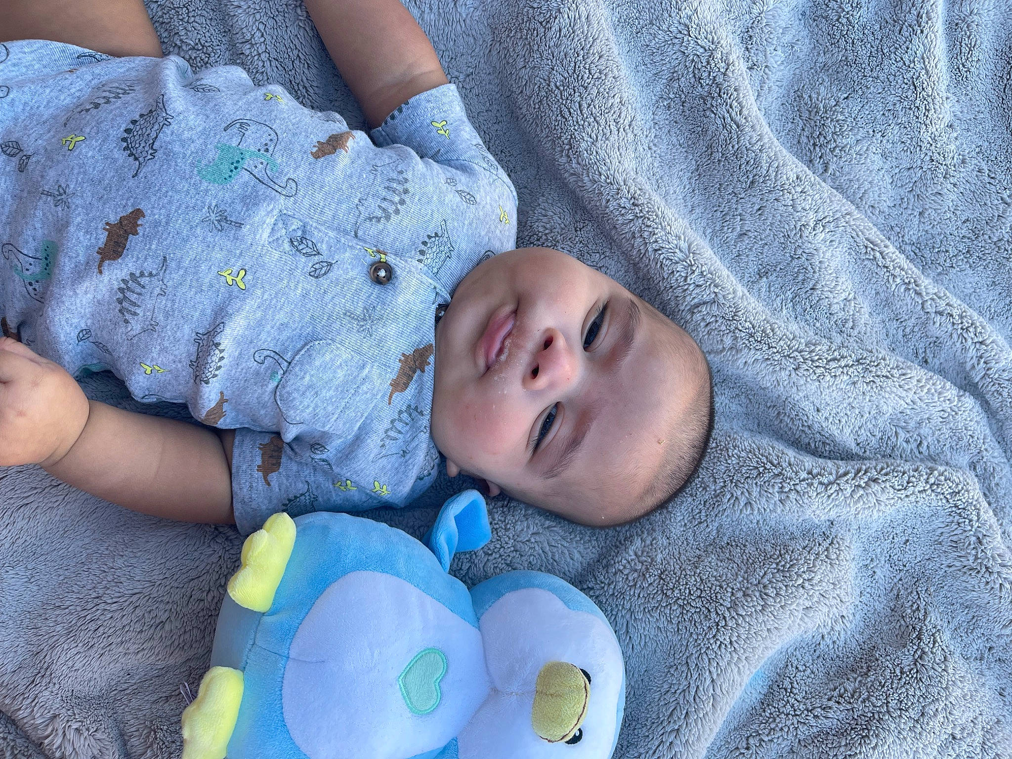 Emilio is registered to the contest to win money with this photo: azure, baby, baby_products, baby_sleeping, baby_toddler_clothing, cheek, child, comfort, electric_blue, eye, facial_expression, grass, iris, linens, pattern, person, skin, sleeve, stuffed_toy, toddler