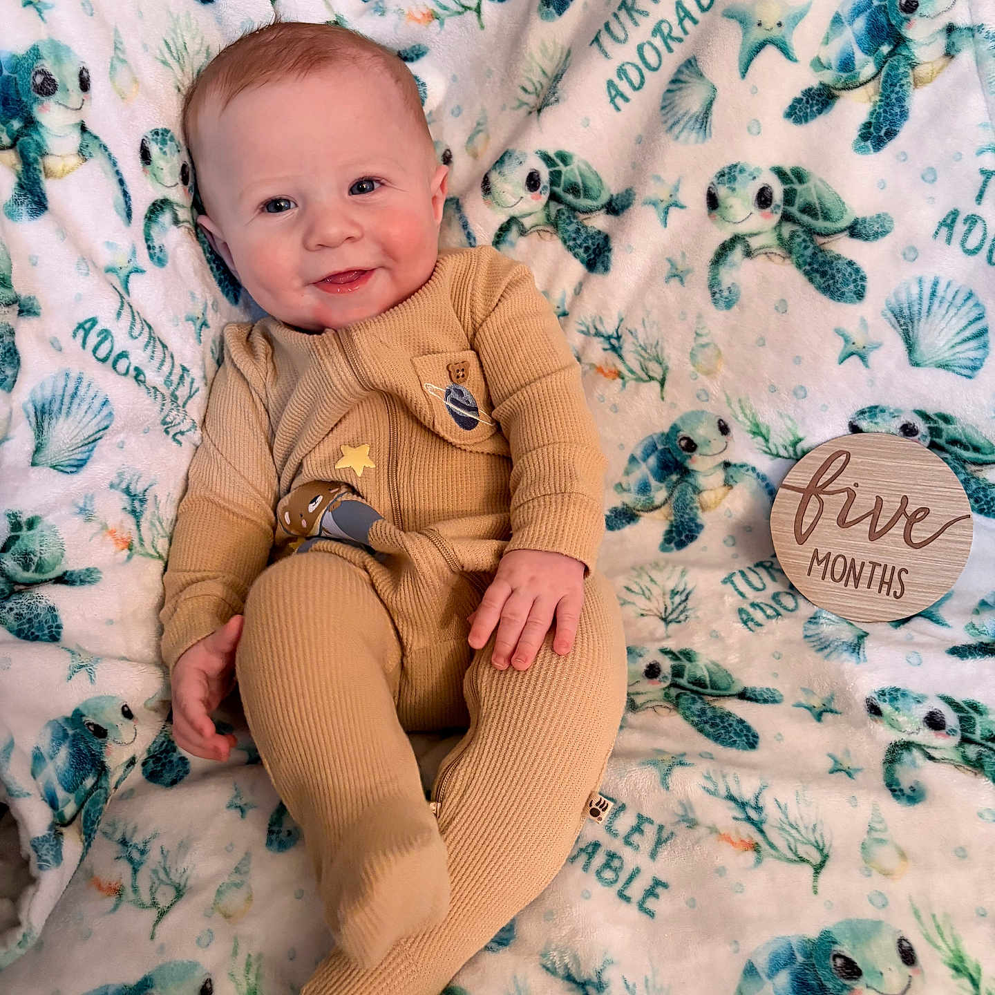Jaxxon joined the competition — help win amazing prizes! baby, infant, child, smiling, portrait, lying_down, tan_romper, blanket, sea_turtles, turtle_pattern, milestone_photo, five_months, wooden_sign, indoors, soft_lighting, happy, cute, nursery, textile, photography