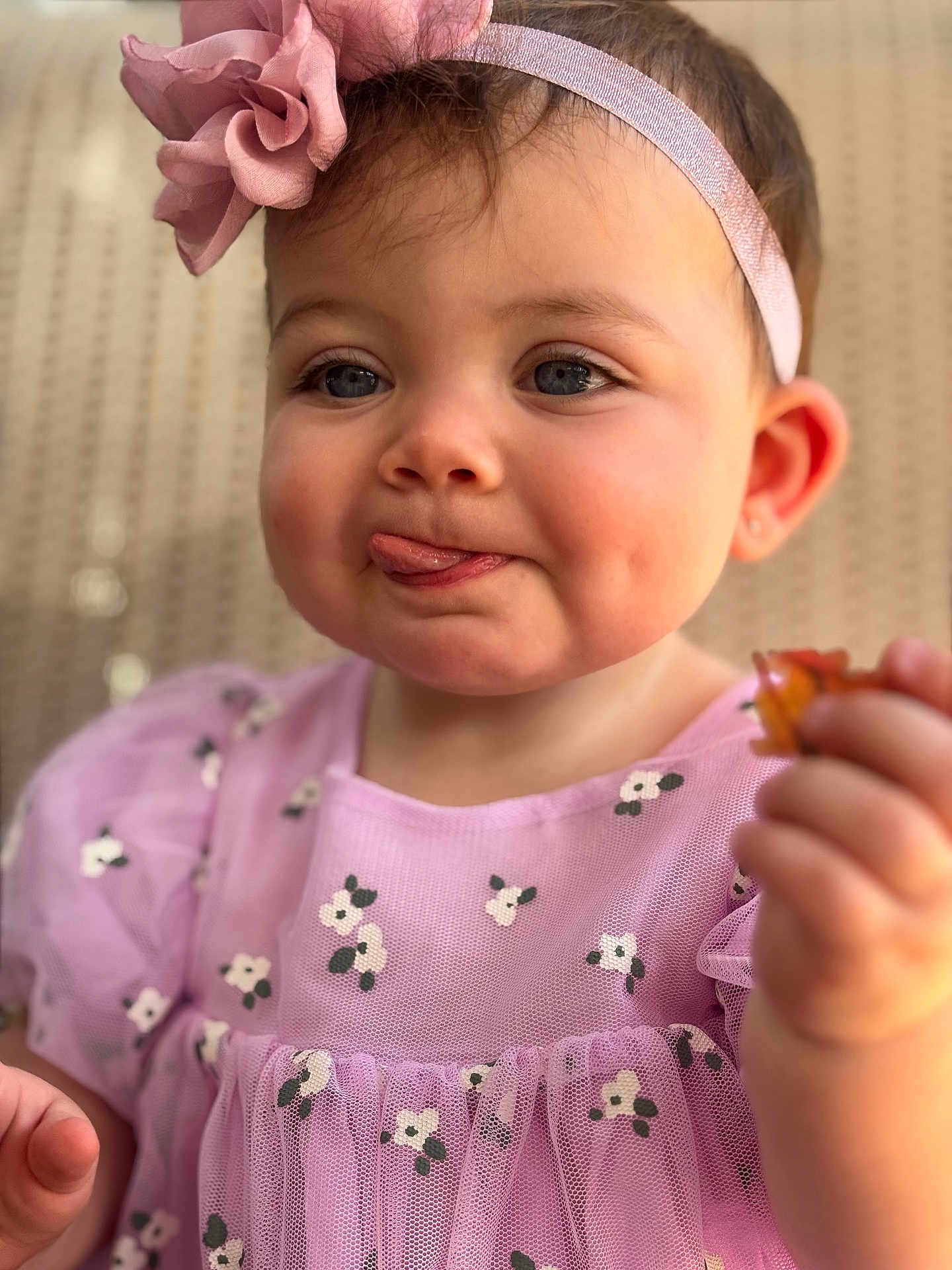 Amaia joined the competition — help win amazing prizes! toddler, child, face, headband, flower, pink_dress, hand, skin, cute, portrait, expression, blue_eyes, baby, clothing, person, soft_light, closeup, indoor, young_child, smiling