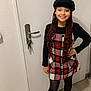 Theanna a rejoint le concours — aidez-le/la à gagner de superbes lots ! beret, black_tights, boots, braided_hair, child, door, fashion, floor, girl, hand_on_hip, happy, indoors, keys, long_sleeve_shirt, plaid_dress, portrait, rug, smiling, standing, young