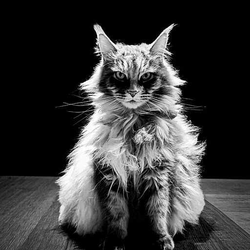 Ozzy participe au concours pour gagner de l'argent avec cette photo : cat, fluffy, portrait, black_background, wooden_surface, animal, feline, sitting, long_hair, monochrome, dramatic_lighting, pet, whiskers, ears, fur, indoor, serious_expression, close_up, studio_photo, majestic