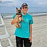 Murphy is registered to the contest to win money with this photo: beach, bright_shoes, casual_clothing, cloudy_sky, dog, glasses, hat, lifeguard_chair, man, ocean, outdoor, pet, portrait, sand, shorts, smile, summer, tshirt, vacation, waves