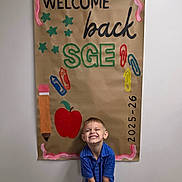 Zeke is registered to the contest to win money with this photo: apple, back_to_school, blue_shirt, boy, child, crayons, education, grin, happy, indoor, pencil, person, playful, portrait, poster, school, smile, stars, wall, welcome_sign