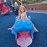 blonde_hair, blue_eyes, blue_play_surface, child, children, daylight, frog_structure, fun, happy, outdoor, park, person, play, play_equipment, playground, recreation, sandals, slide, smile, summer_clothing