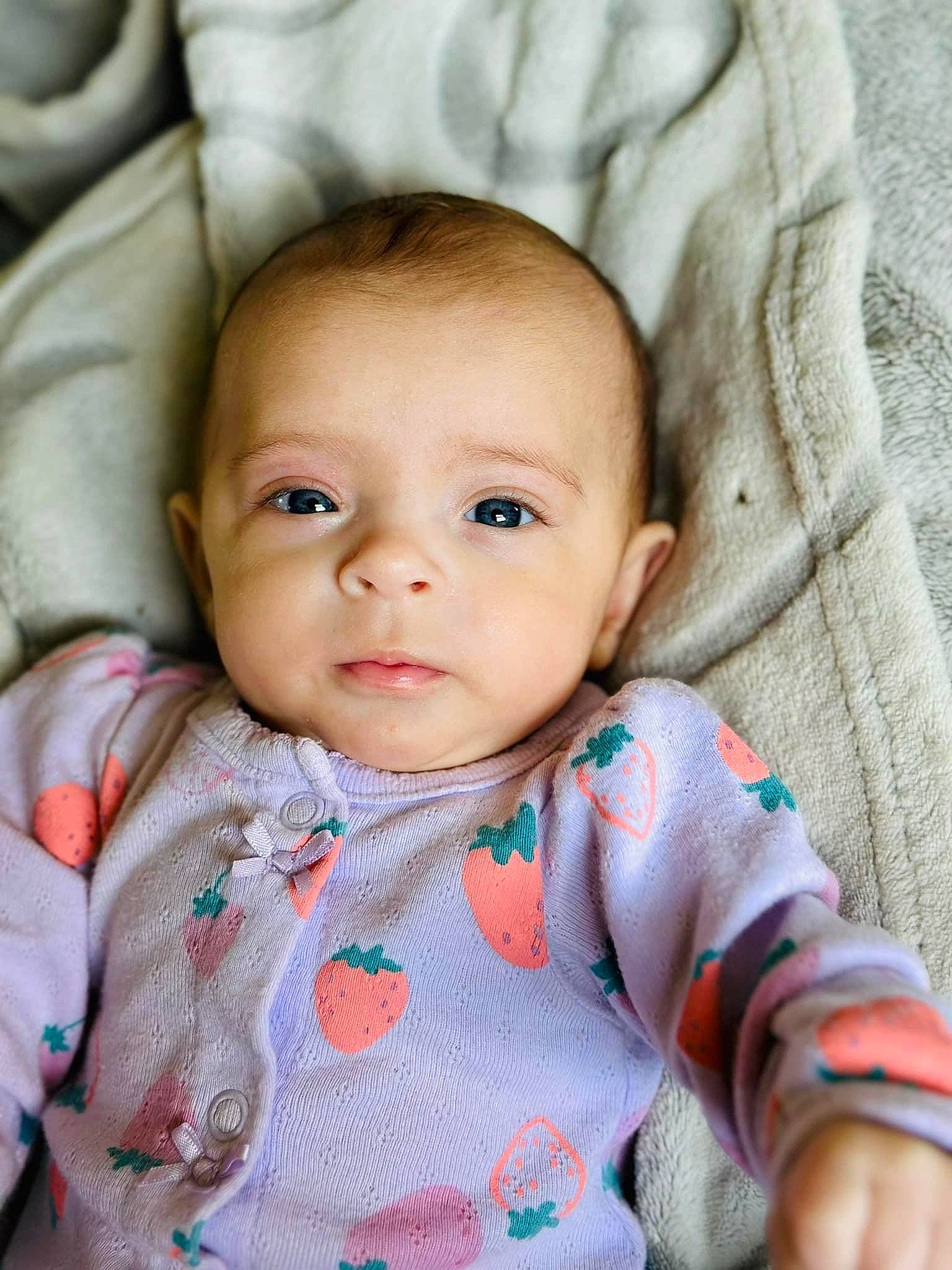 Wrenley is registered to the contest to win money with this photo: baby, baby_toddler_clothing, cheek, child, close_up, collar, comfort, eyebrow, eyelash, facial_expression, happy, head, iris, linens, lip, nose, person, skin, sleeve, textile