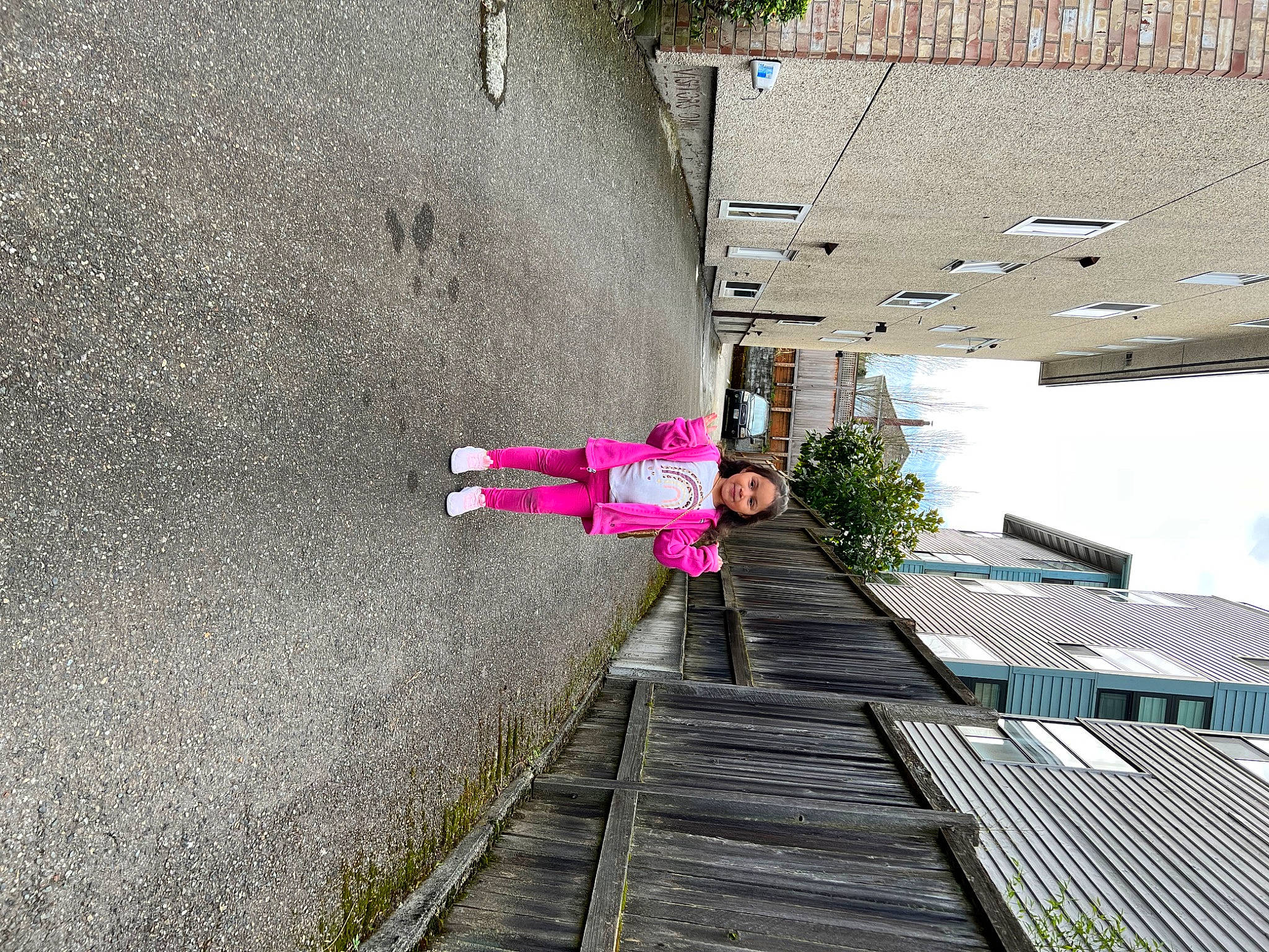 Jaylee is registered to the contest to win money with this photo: building, city, concrete, facade, flowerpot, house, houseplant, joy, magenta, person, plant, road, road_surface, shadow, sidewalk, slope, stairs, street_light, tree, urban_design