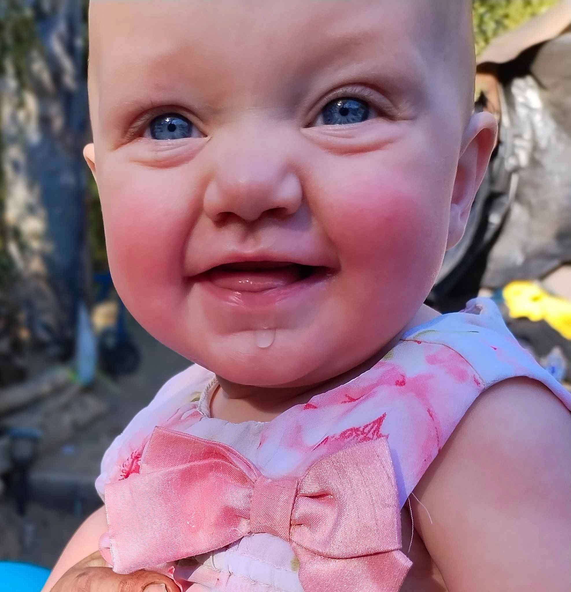 Hazzel is registered to the contest to win money with this photo: baby, baby_laughing, baby_toddler_clothing, cheek, chin, eyebrow, eyelash, fun, grass, happy, head, iris, joy, lip, mouth, nose, person, pink, plant, skin