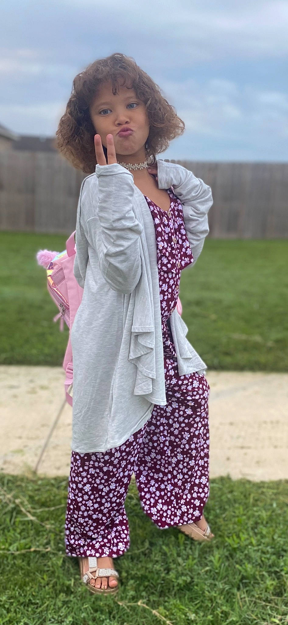 Sadie joined the competition — help win amazing prizes! child, clothing, day_dress, fashion_accessory, fashion_design, formal_wear, fur, grass, grassland, magenta, outerwear, pattern, person, photograph, pink, purple, sky, sleeve, spring, waist