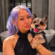 Juju joined the competition — help win amazing prizes! woman, dog, terrier, pet, selfie, portrait, lavender_hair, smiling, tongue_out, bandana, long_hair, black_dress, bracelet, necklace, indoor, window, bathtub, close_up, companion_animal, happy