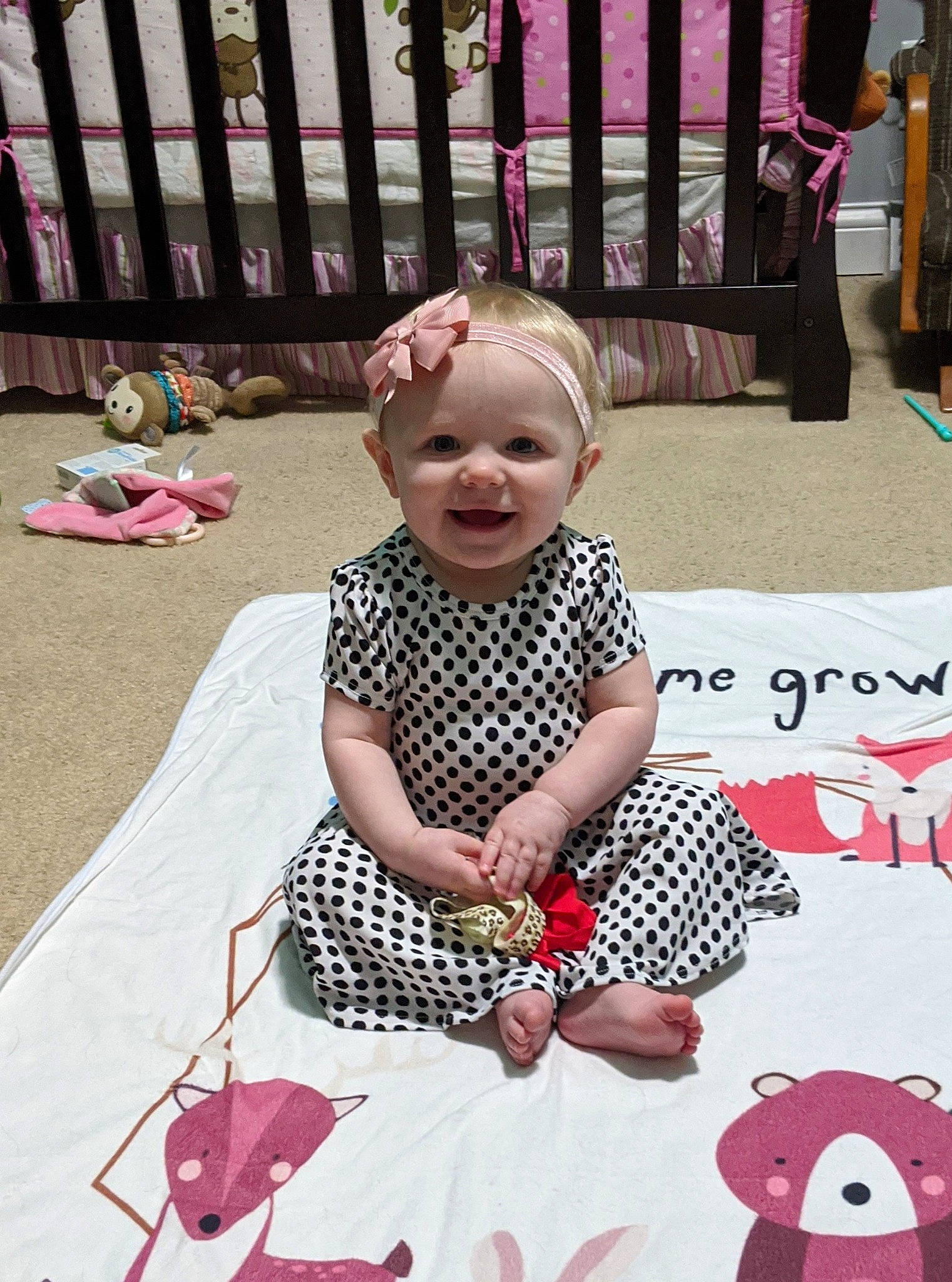 Alyvia joined the competition — help win amazing prizes! baby, baby_toddler_clothing, child, design, dress, joy, party, pattern, person, pink, play, polka_dot, recreation, room, textile, toddler, vacation