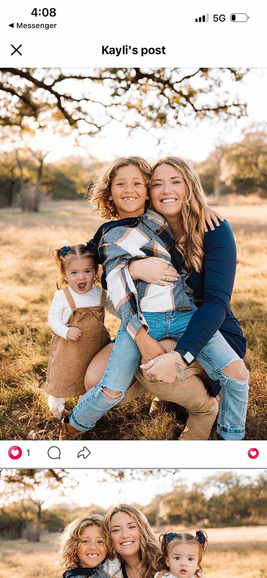 Alayna is registered to the contest to win money with this photo: woman, child, children, family, outdoor, field, grass, trees, smile, happy, casual_clothing, pigtails, jeans, boots, sunlight, nature, portrait, embrace, fall, playful