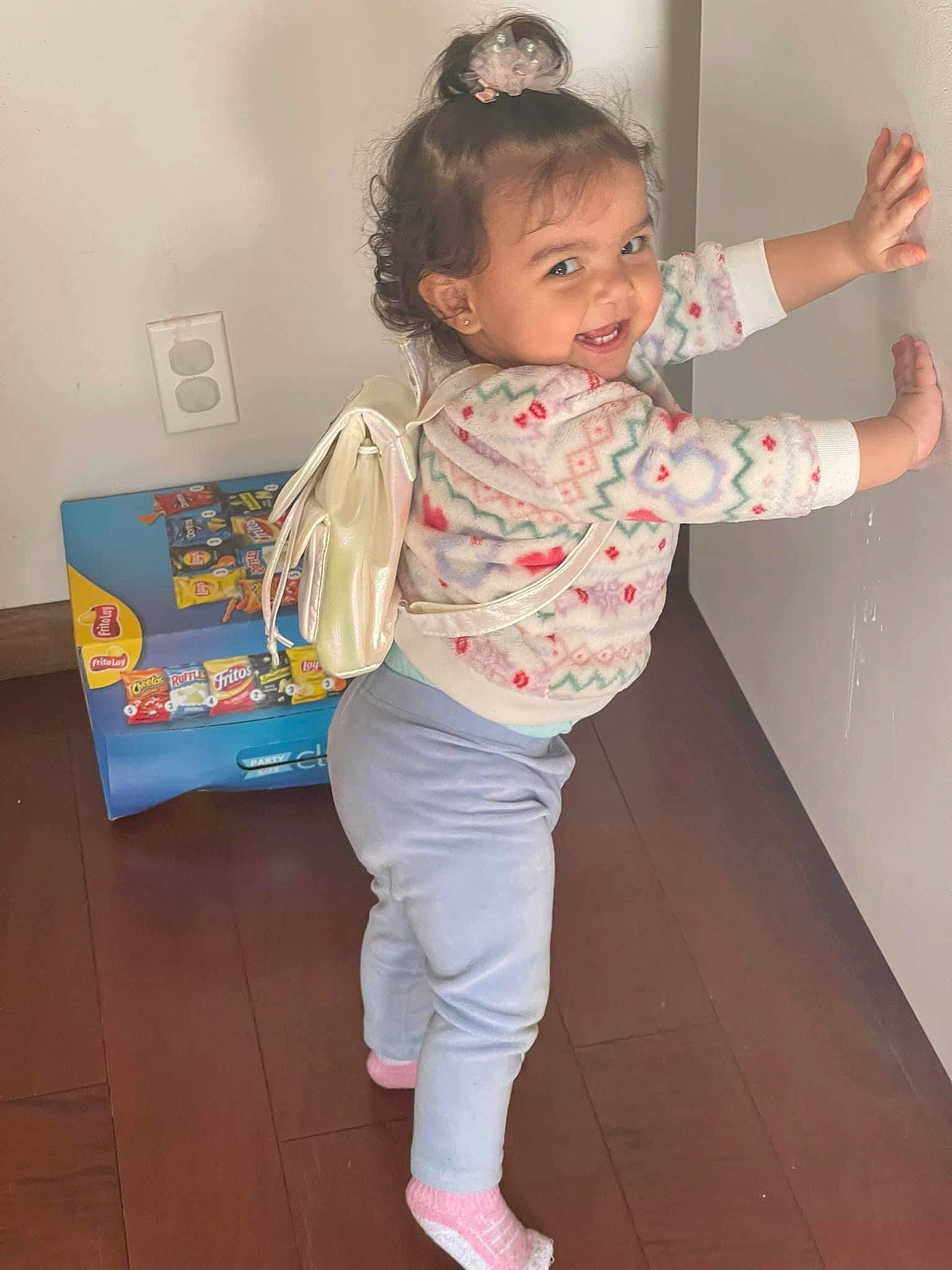 Bethany joined the competition — help win amazing prizes! baby, baby_toddler_clothing, child, elbow, face, floor, flooring, fun, gesture, hair, happy, hardwood, head, joint, joy, pattern, person, room, sleeve, standing