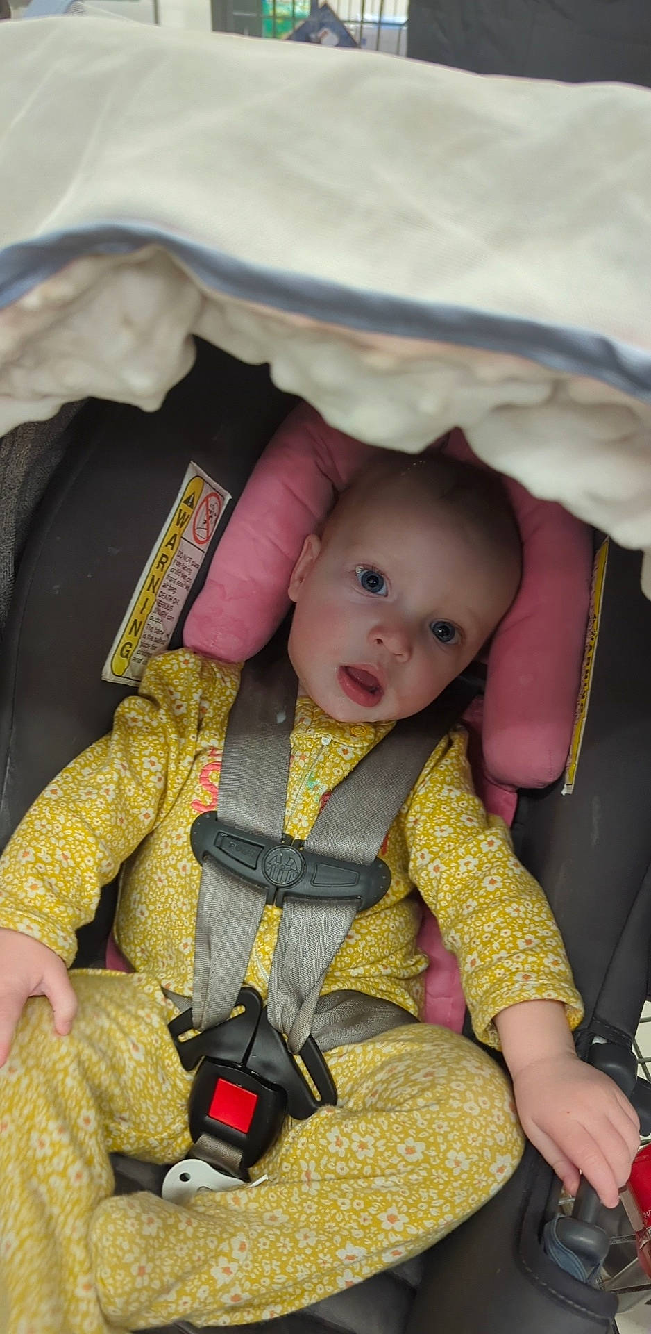 Addyson joined the competition — help win amazing prizes! baby, baby_carriage, baby_products, baby_toddler_clothing, car_seat, cheek, child, comfort, doll, dress, eye, head, lap, person, seat_belt, sitting, skin, sleeve, smile, textile