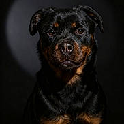 Teddy participe au concours pour gagner de l'argent avec cette photo : rottweiler, dog, portrait, black_background, spotlight, animal, pet, canine, fur, eyes, face, muzzle, ears, sitting, studio, closeup, alert, calm, majestic, indoor