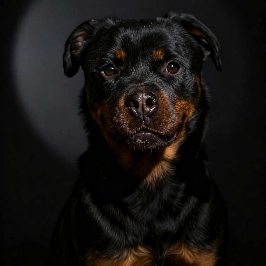 Teddy participe au concours pour gagner de l'argent avec cette photo : rottweiler, dog, portrait, black_background, spotlight, animal, pet, canine, fur, eyes, face, muzzle, ears, sitting, studio, closeup, alert, calm, majestic, indoor