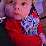 Lucas joined the competition — help win amazing prizes! baby, infant, face, eyes, clothing, red_sleeves, onesie, patterned_clothes, hand, indoor, portrait, curious, closeup, skin, head, child, person, holding, cute, cozy