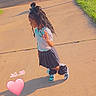 Zereniti is registered to the contest to win money with this photo: bow, casual_clothing, child, curly_hair, daytime, driveway, girl, grass, outdoor, pink_heart, playful, pose, residential_area, shadow, side_view, skirt, sneakers, street, sunny, white_shirt