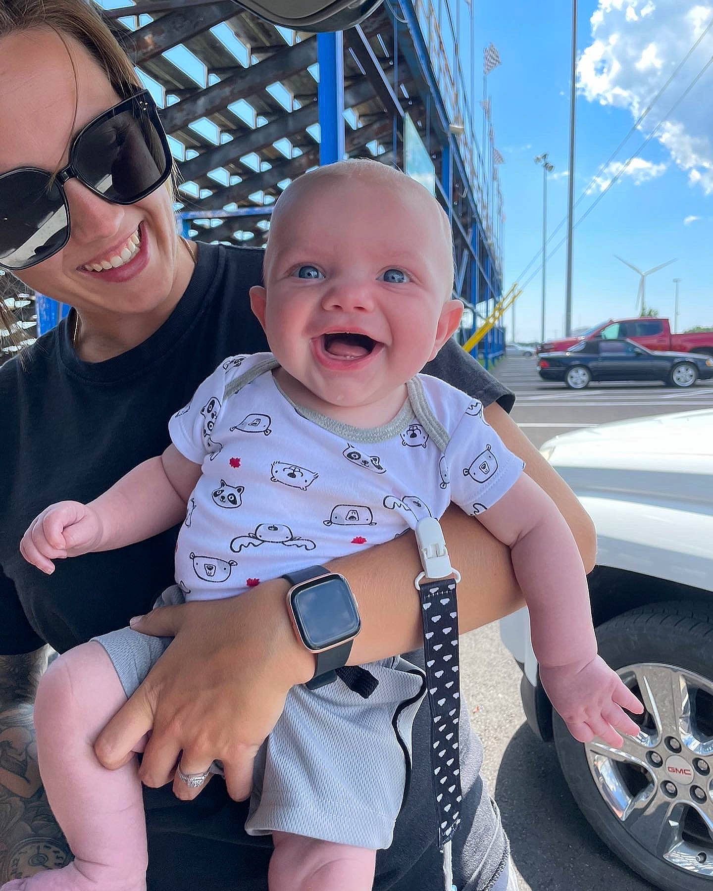 Garrett joined the competition — help win amazing prizes! arm, automotive_lighting, automotive_tire, baby_toddler_clothing, car, cool, eyewear, fender, goggles, hairstyle, happy, joy, muscle, person, product, skin, sky, smile, sunglasses, tire