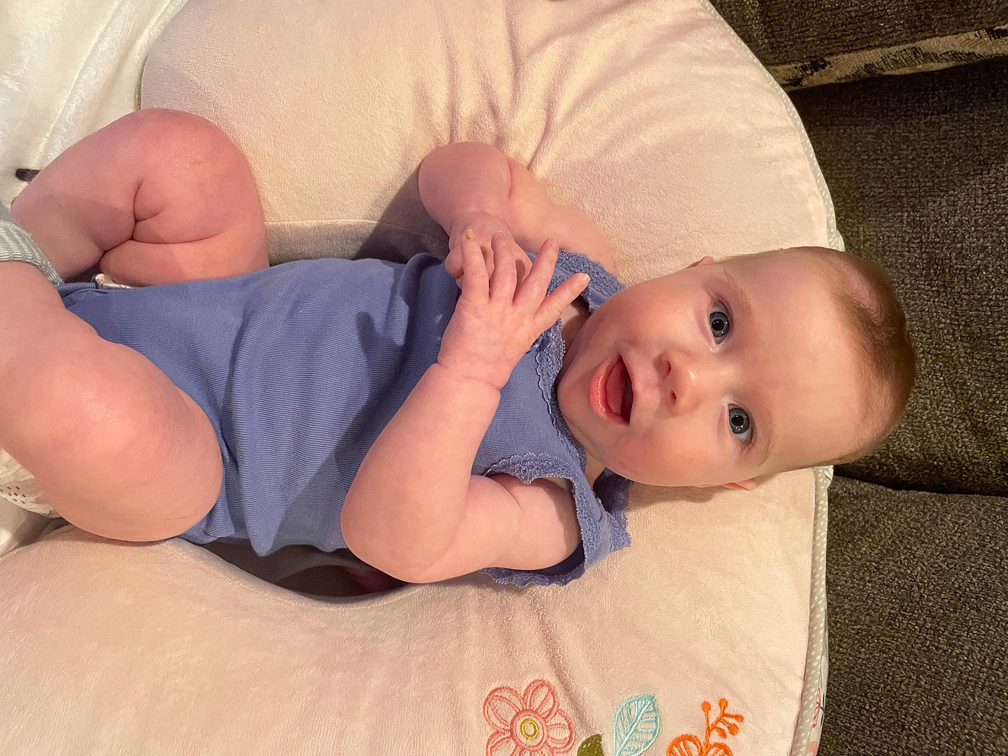 Lexie joined the competition — help win amazing prizes! baby, baby_toddler_clothing, child, comfort, elbow, facial_expression, gesture, human_body, knee, mammal, mouth, nail, person, product, skin, smile, stomach, textile, thigh, thumb