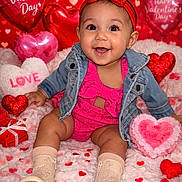 Aylanni joined the competition — help win amazing prizes! baby, infant, smiling, valentine, heart_balloon, plush_heart, denim_jacket, red_headband, sparkly_bow, pink_outfit, sitting, studio_background, heart_confetti, cute, portrait, boots, socks, holiday_shoot, happy, props