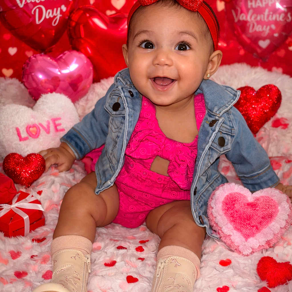 Aylanni joined the competition — help win amazing prizes! baby, boots, cute, denim_jacket, happy, heart_balloon, heart_confetti, holiday_shoot, infant, pink_outfit, plush_heart, portrait, props, red_headband, sitting, smiling, socks, sparkly_bow, studio_background, valentine