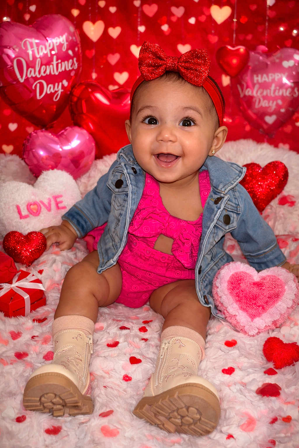 Aylanni joined the competition — help win amazing prizes! baby, infant, smiling, valentine, heart_balloon, plush_heart, denim_jacket, red_headband, sparkly_bow, pink_outfit, sitting, studio_background, heart_confetti, cute, portrait, boots, socks, holiday_shoot, happy, props