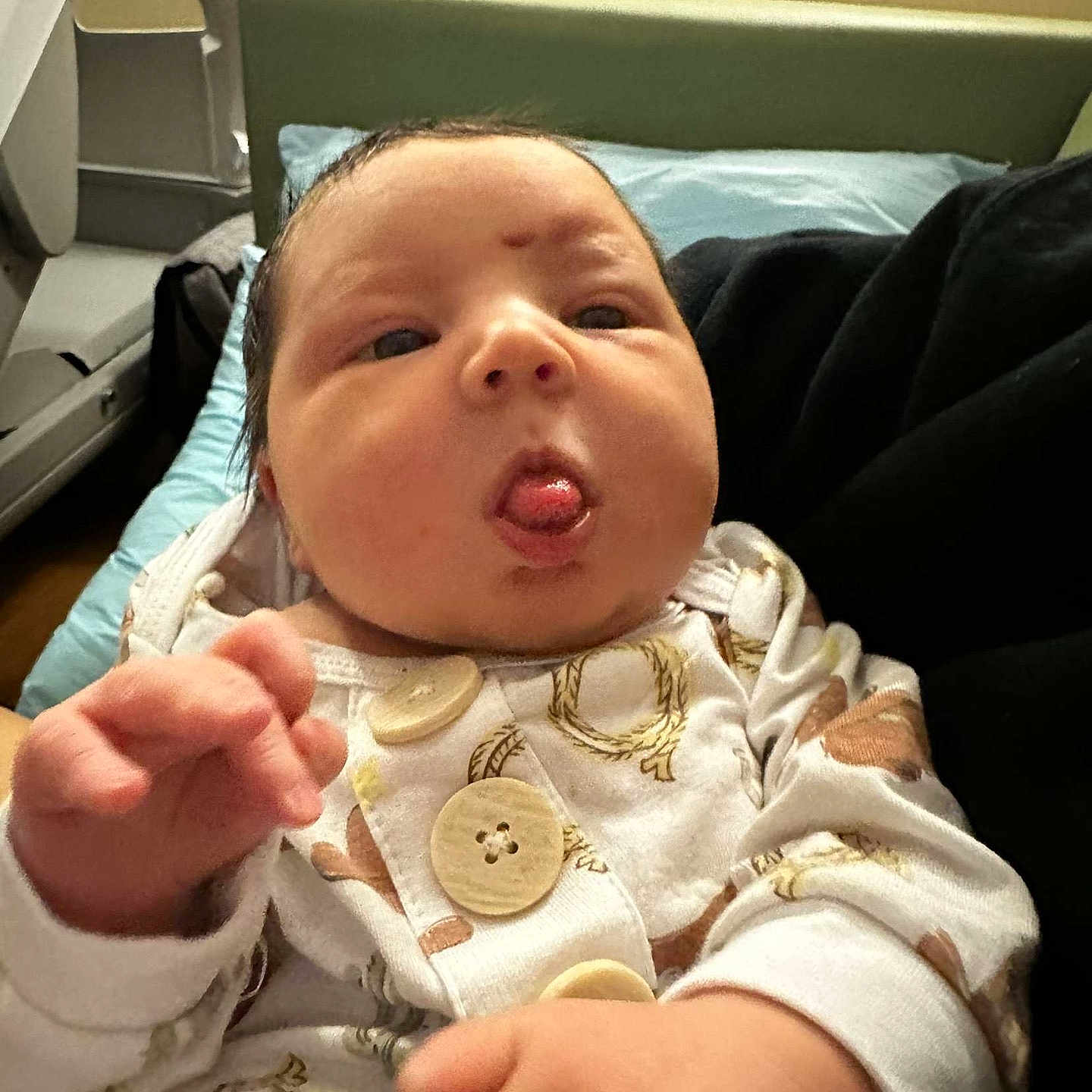 Kinzley is registered to the contest to win money with this photo: architecture, baby, bodypart, building, cushion, cutlery, face, finger, hand, head, homedecor, hospital, mouth, newborn, person, photography, portrait, selfie, spoon, yawning