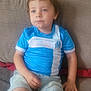 Mathéo a rejoint le concours — aidez-le/la à gagner de superbes lots ! child, boy, sitting, couch, blue_shirt, denim_shorts, indoor, casual_clothing, short_hair, light_skin, relaxed, portrait, face, legs, hand, home, furniture, expression, young, comfortable
