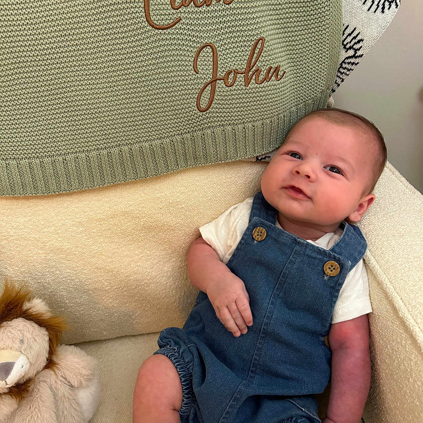 Liam John joined the competition — help win amazing prizes! baby, beige_fabric, child, comfortable, cozy_chair, cute, denim_overalls, embroidered_text, indoors, infant, knitted_blanket, lion_plush, person, plush_toy, portrait, relaxed, smiling, soft_lighting, white_shirt, young_child