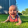 baby, child, smiling, grass, outdoor, sunlight, blue_sky, tank_top, happy, portrait, greenery, summer, yard, building, person, cute, infant, nature, daylight, face