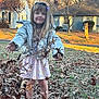 autumn, child, daylight, dress, fall, fun, girl, grass, happy, house, jacket, leaves, nature, outdoor, park, play, seasonal, smile, tree, young